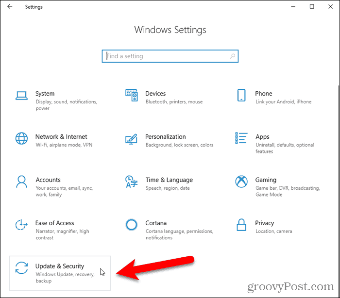 V nastaveniach systému Windows 10 kliknite na položku Aktualizácia a zabezpečenie