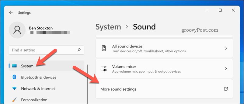 Otvorenie ponuky Ďalšie nastavenia zvuku v systéme Windows 11