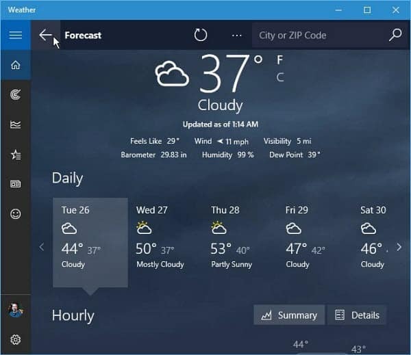 Predpoveď počasia pre systém Windows 10
