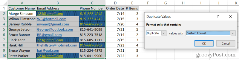 Vlastné formátované duplikáty v programe Excel
