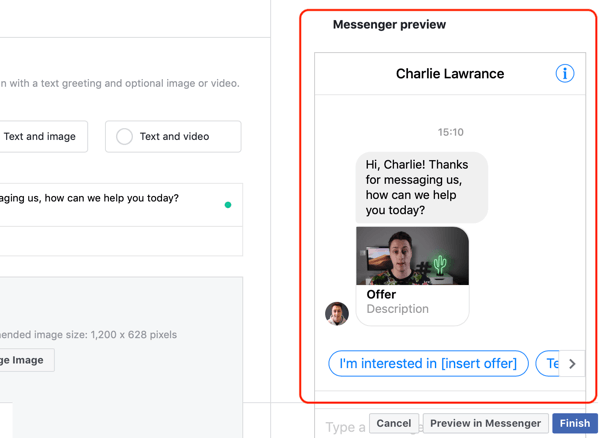 Ako zacieliť na horúcich potenciálnych zákazníkov pomocou reklám na Facebook Messenger, krok 14, ukážka vlastnej šablóny cieľa Messenger