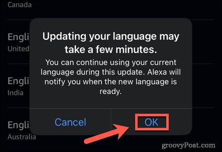 alexa potvrďte aktualizáciu jazyka