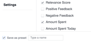 Uložte svoje výsledky Facebook výsledkov ako šablónu.