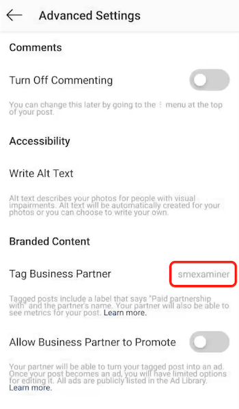 Názov účtu Instagram uvedený ako označený značkový partner