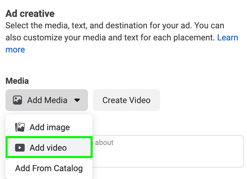 obrázok možnosti Pridať video počas nastavovania reklamy Instagram