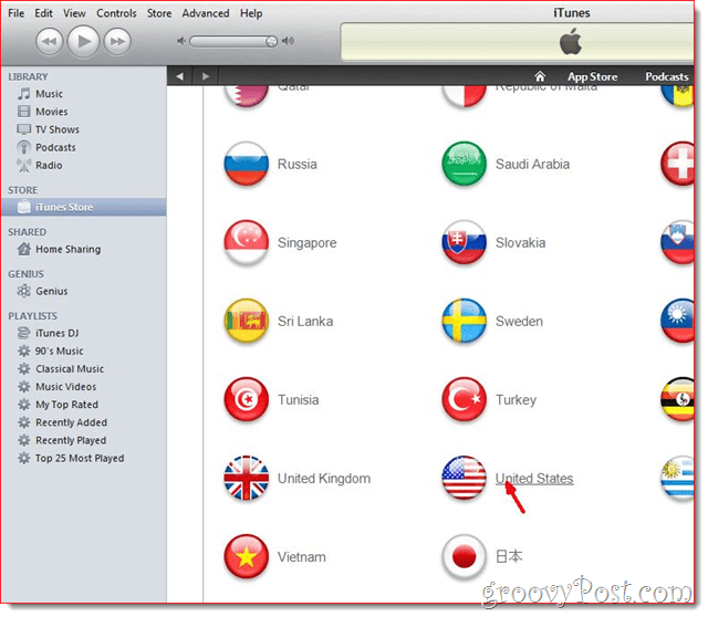 iTunes - Kliknite na položku Vlajka Spojených štátov
