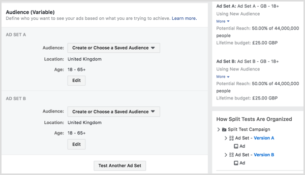 Test rozdelenia reklám na Facebooku rozdelte na dve alebo viac publík.