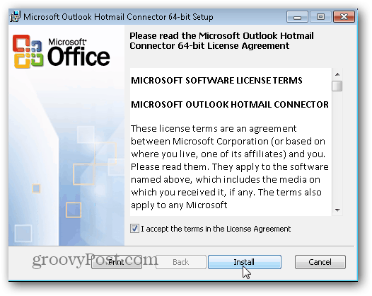 Outlook.com Outlook Hotmail Connector - Kliknite na Inštalovať