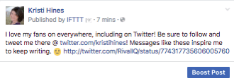 Takto vyzerá obľúbený tweet, keď je zdieľaný na vašej stránke na Facebooku prostredníctvom IFTTT.
