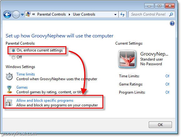 zapnite rodičovskú kontrolu v systéme Windows 7 pre konkrétneho používateľa a potom povoľte a zablokujte konkrétne programy