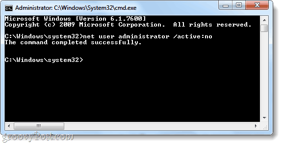 príkaz čistého používateľa na deaktiváciu účtu správcu systému Windows 7