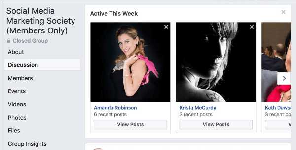 Facebook zdôrazňuje, ktorí členovia skupiny boli tento týždeň v skupine najaktívnejší.