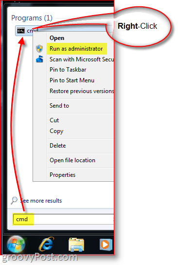 Spustite CMD - Windows Command Prompt ako správca s pravým tlačidlom myši