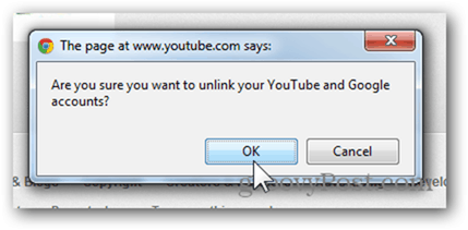 Prepojenie účtu YouTube s novým účtom Google - Kliknutím na tlačidlo OK zrušíte prepojenie účtu