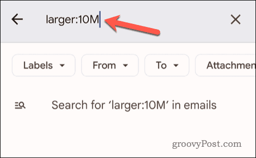 Nastavenie kritérií veľkosti e-mailu vo vyhľadávacom paneli Gmailu v mobile