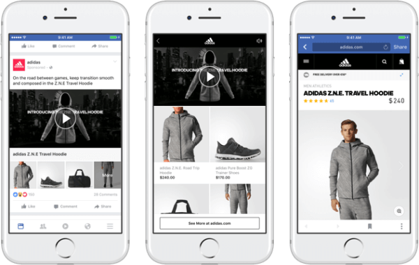 Vďaka novému formátu reklamnej zbierky spoločnosti Facebook môžu značky obsahovať primárne video alebo obrázok, ktoré vedú k pohlcujúcemu a rýchlo sa načítajúcemu nakupovaniu na Facebooku. 