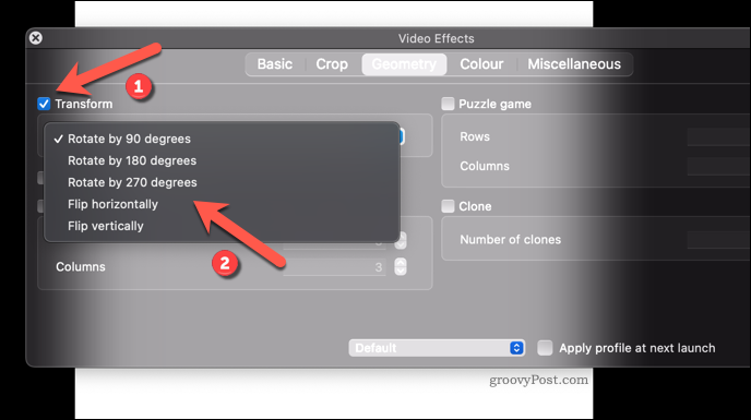 Aplikácia efektu rotácie videa na VLC na Macu