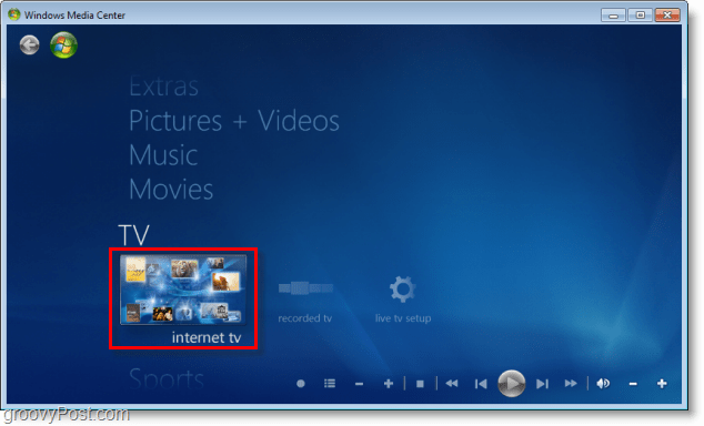 Windows 7 Media Center - kliknite na internetovú televíziu