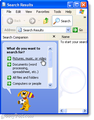 Windows XP Rozšírené vyhľadávanie