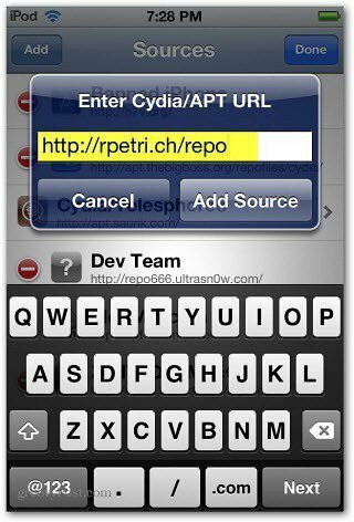 Zadajte adresu URL Cydia APT
