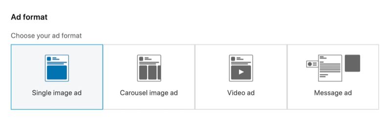 snímka obrazovky s možnosťou Single Image Ad vybraná pre reklamný formát LinkedIn