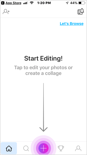 Klepnite na tlačidlo + v mobilnej aplikácii PicsArt.