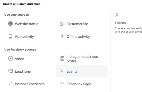 Ako propagovať živé vysielanie na Facebooku, 10. krok, vytvorte si vlastné publikum v aplikácii Facebook Ads Manager na základe zobrazení stránky udalosti