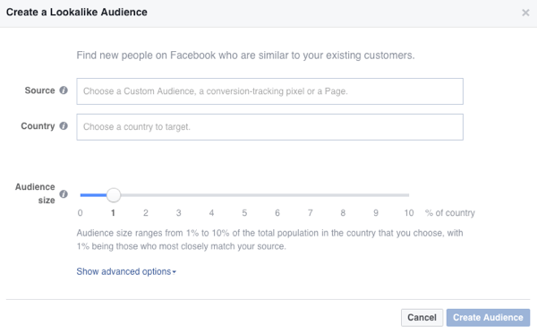Tieto možnosti sa zobrazia, keď si vytvoríte podobné publikum na Facebooku.