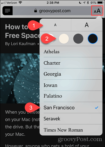 Zmena písma a farby v aplikácii Reader View v prehliadači Safari pre iOS