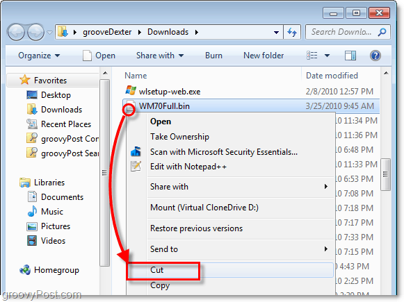 presunúť odomknutý súbor bin do nového priečinka v systéme Windows 7 pomocou vystrihnutia