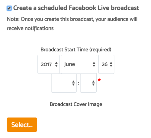 Po kliknutí na začiarkavacie políčko naplánujete vysielanie, môžete zvoliť dátum, čas a titulný obrázok.