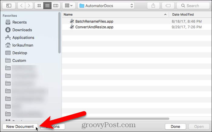 V systéme Mac kliknite na položku Nový dokument v automatu