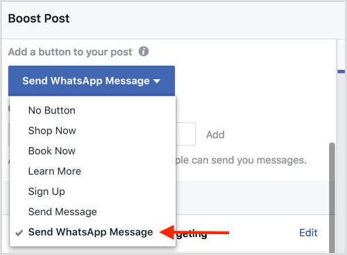 Keď podporujete príspevok na Facebooku, vyberte možnosť Odoslať správu WhatsApp.