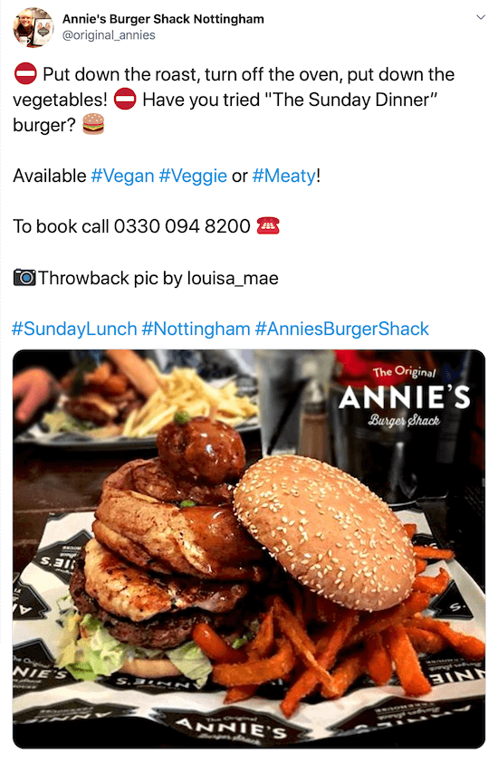 snímka obrazovky príspevku na twitteri od @original_annies s obrázkom hamburgeru a hranoliek zo sladkých zemiakov pod pútavým popisom, ich telefónnym číslom, obrázkovým kreditom a hashtagmi