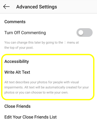 Ako pridať alternatívny text k príspevkom na Instagrame, krok 2, možnosť dostupnosti príspevku na Instagrame pre nastavenie alternatívnej značky