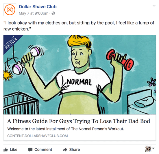 Klub Dollar Shave Club zdieľa na svojej obchodnej stránke na Facebooku relevantný a šikovný obsah.