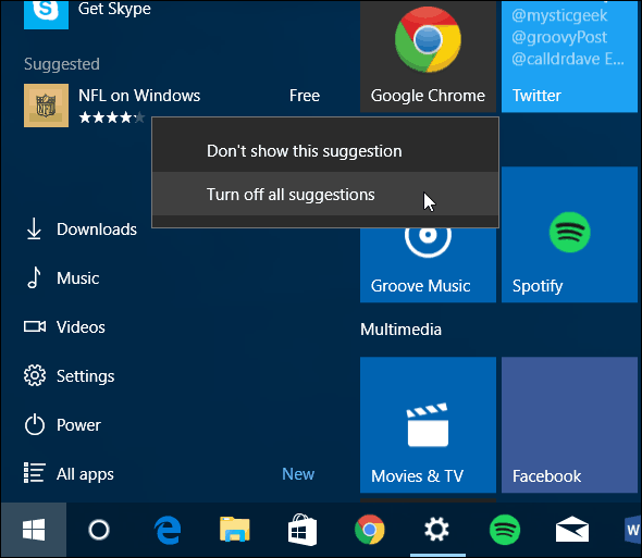 Windows 10 Štart Ponuka Vypnúť Navrhované aplikácie