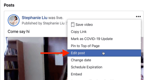 možnosť upraviť príspevok živého streamu facebooku v ponuke troch bodiek v pravom hornom rohu príspevku streamu