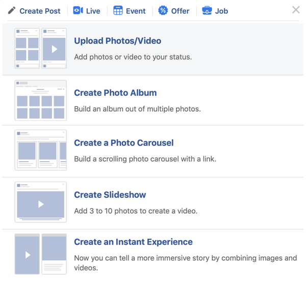 Ako nastaviť Facebook Premiere, krok 2, nahrať možnosť foto / video