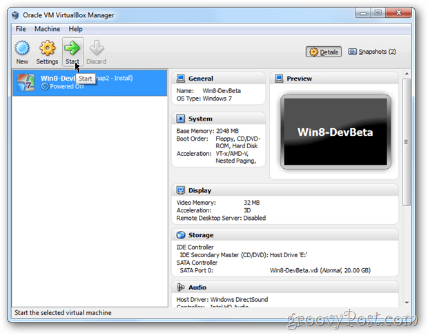 Spustenie VirtualBox Windows 8 vm
