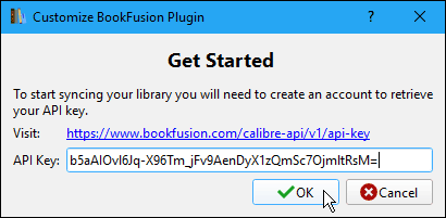 Zadajte kľúč API v dialógovom okne Prispôsobiť doplnok BookFusion v aplikácii Caliber