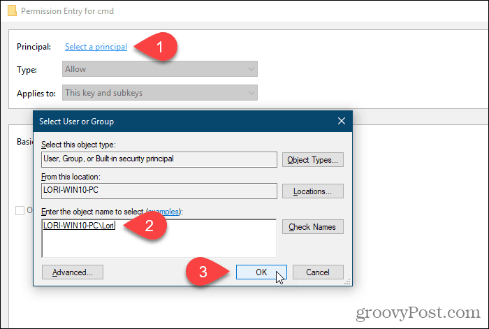 Kliknite na možnosť Vybrať príkazcu a vyberte používateľa alebo skupinu na povolenie v registri Windows