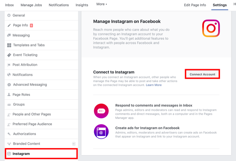 ako pripojiť stránku Facebook k obchodnému účtu Instagram v nastaveniach stránky Facebook