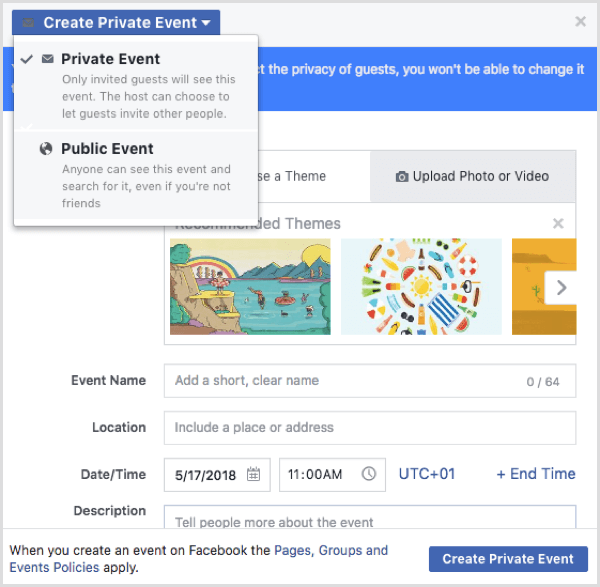Možnosti udalosti Facebook pri vytváraní udalosti z profilu Facebook
