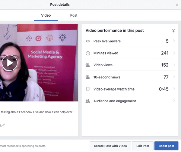 Vyberte video vo svojej videotéke na Facebooku, aby ste videli metriky výkonu.