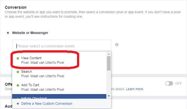 Ak ste ako cieľ reklamy v aplikácii Facebook Messenger vybrali možnosť Konverzie, vyberte konverznú udalosť.