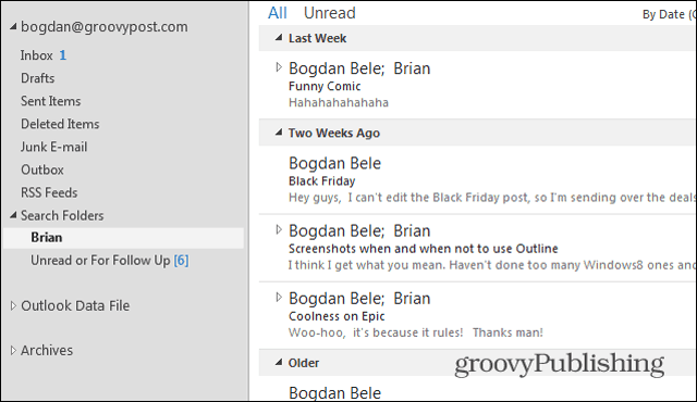 Priečinky vyhľadávania programu Outlook 2013 Brian