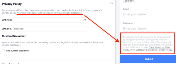 Príklad pravidiel ochrany osobných údajov zahrnutých do možností reklamnej kampane s vedúcim Facebookom.