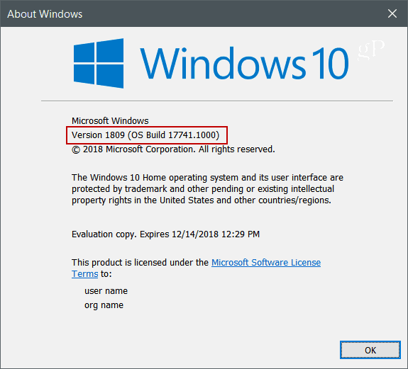 Winver Windows 10, verzia 1809