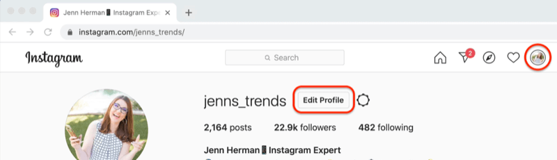 snímka obrazovky profilu instagram so zvýrazneným tlačidlom „upraviť profil“